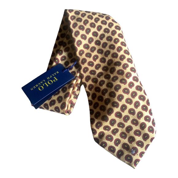 POLO RALPH LAUREN Men's Yellow Print Tie Hand Made in Italy NWT 100% Silk Luxury - Picture 2 of 8
